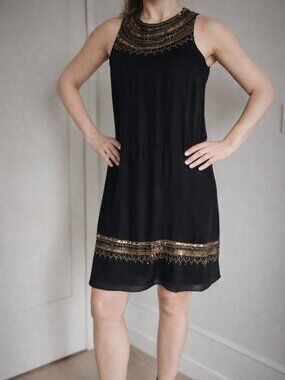 Parker 100% Silk Beaded Dress ✨ Black & Gold Designer Size M
